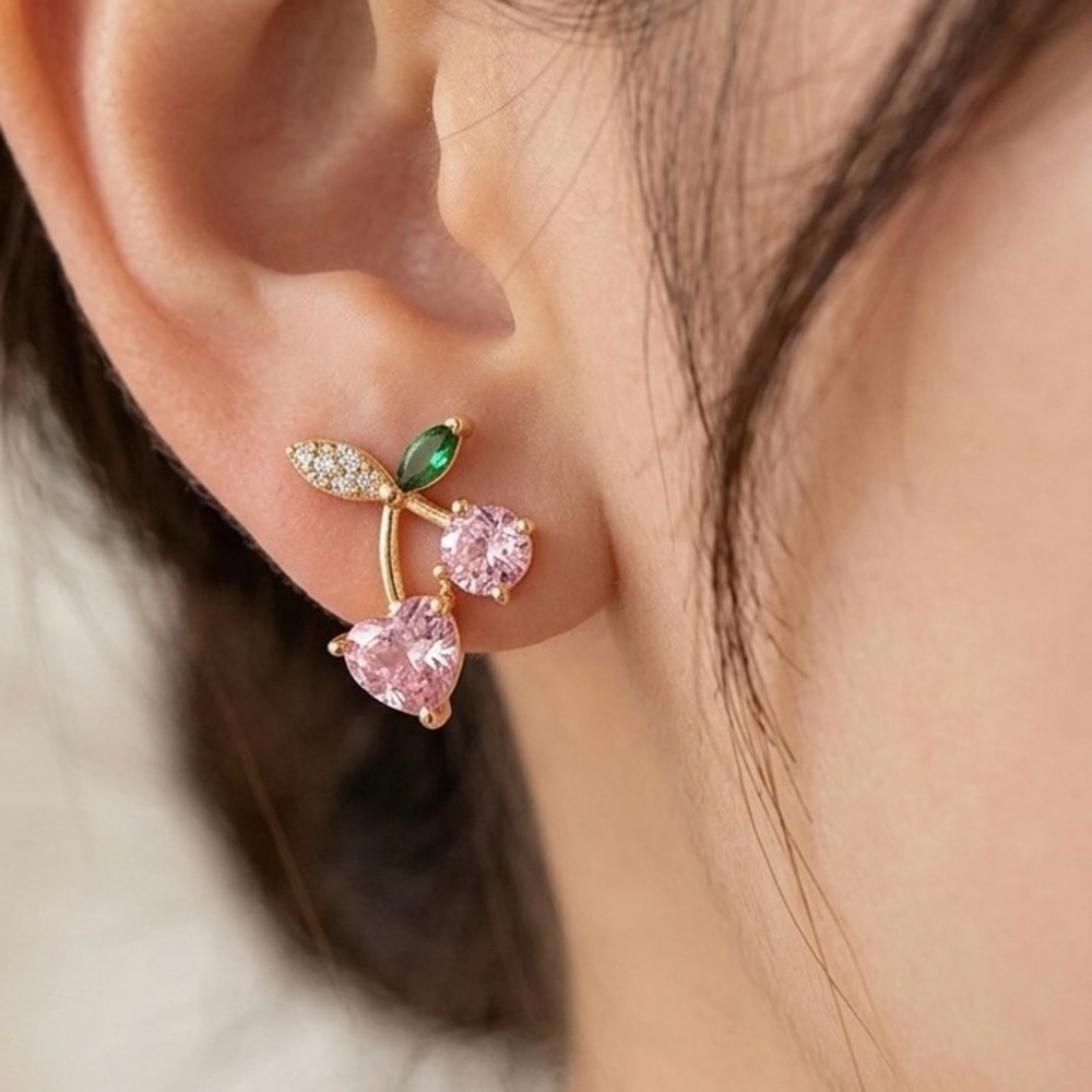 14k Gold Plated Cherry Stud Earrings Pink Crystal Heart Jewelry Rhodium Finish